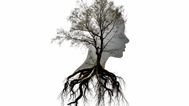 Womans silhouette fusing with tree in artistic profile views. Branches form hair and roots extend from body symbolizing nature connection and personal growth in three sequential frames
