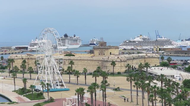 Civitavecchia Port with Forte Michelangelo Cruise Ships and Ferris Wheel