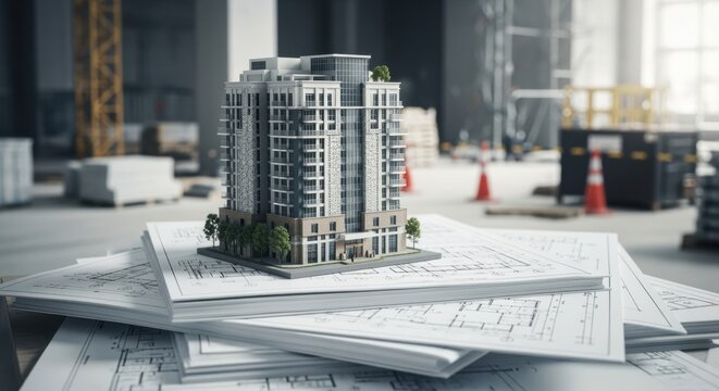 Elevated perspective of building replica set on top of layered architectural schematics in job site environment.
