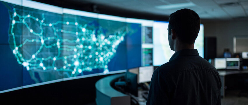 Network Analyst Watching Global Connectivity Map in Modern Command Center Data Facility