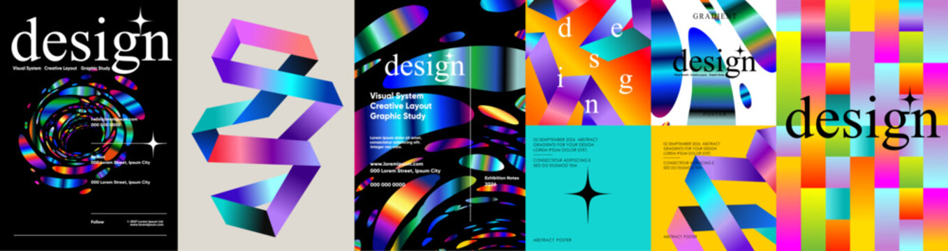 Design. Abstract art. Vector illustration of holographic gradients, geometric ribbons, stripes, pattern, modern shapes and a colorful texture for a background, poster, cover or layout