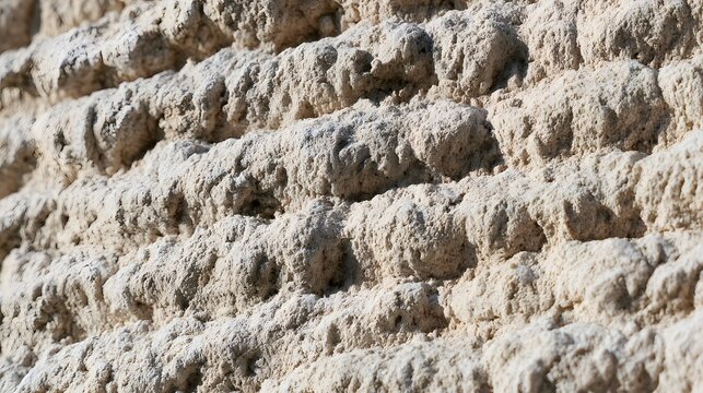 Close up of layered rough stone wall showing textured surface under bright sunlight with natural color variations