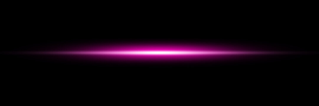 Abstract pink light effect, horizontal glowing line with lens flare, bright neon beam isolated on black background
