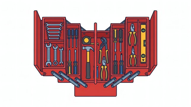 Red Professional Tool Kit with Wrenches Hammer and Pliers Organized in an Open Metal Toolbox for Industrial Repair and Maintenance