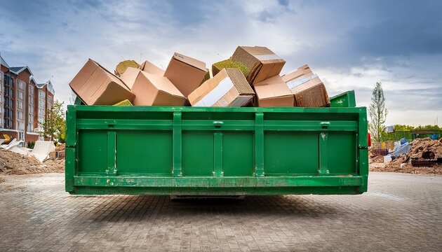 overflowing green construction dumpster filled with cardboard boxes and building waste at urban construction site