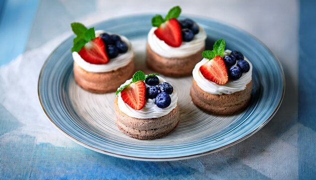 four cakes anna pavlova with blueberries and strawberries with a mint leaf on a beautiful plate home confectionery old retro white and blue table