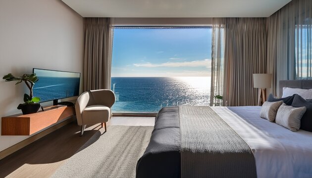 modern luxurious hotel room overlooking inspiring ocean view