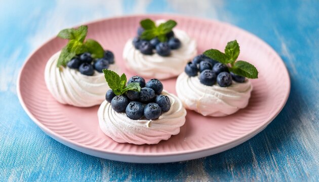 pavlova cake with blueberries and mint on a pink platter home confectionery flatley old retro white and blue table