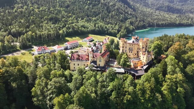 Aerial view of Hohenschwangau Castle and Alpsee lake in Schwangau, Germany