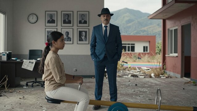 Young girl on seesaw confronting suited man in ruined office space