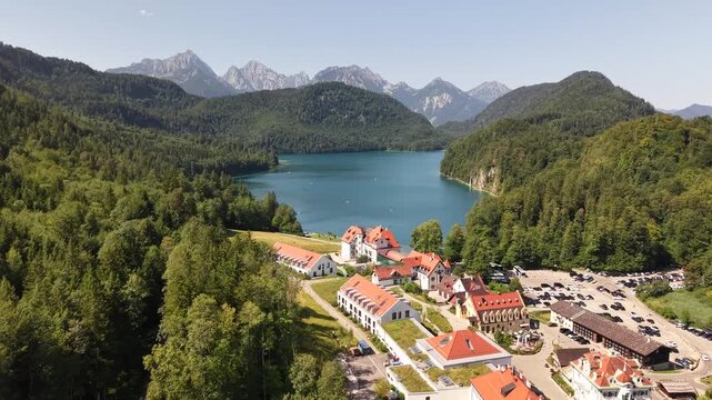 Aerial view of Alpsee lake and Bavarian Alps, Schwangau, Germany