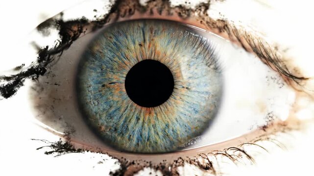 Sequence showing blue eye with progressive smoky makeup application. Close-up of woman enhancing gaze from clean to dramatic dark eyeliner and shadow for beauty concept in tutorial style.