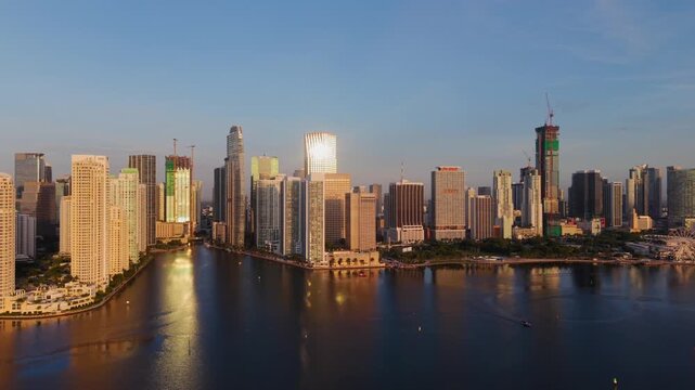 Aerial sunrise view of Miami skyline  across Biscayne Bay