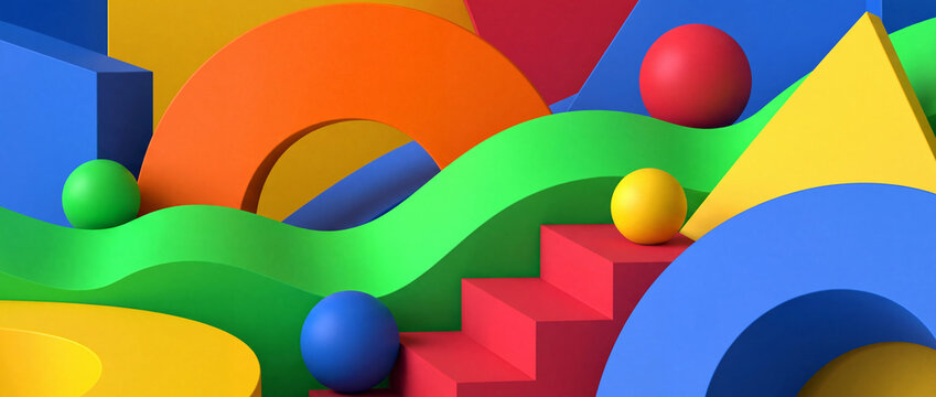 Vibrant 3D abstract scene of glossy spheres on green waves, red stairs, orange arches and multicolored geometric blocks