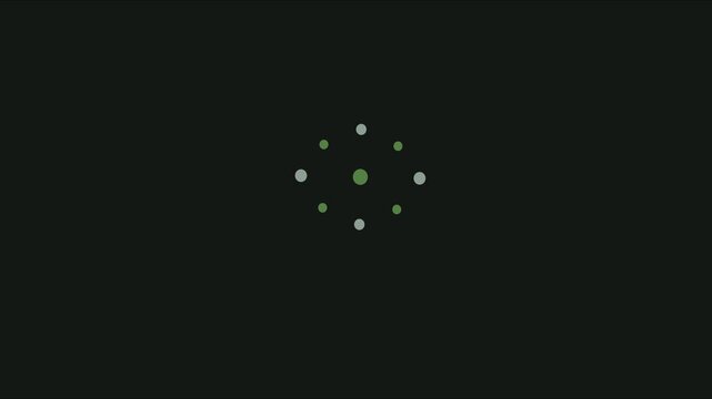 Minimalist loading spinner animation with rotating green dots on dark 4k background, progress indicator
