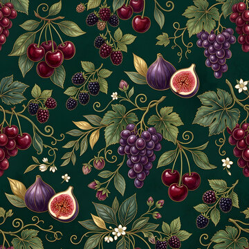 Luxury seamless fruit pattern with dark red cherries, blackberries, figs and deep purple grapes, elegant botanical leaves, rich sophisticated palette, premium editorial aesthetic, detailed hand