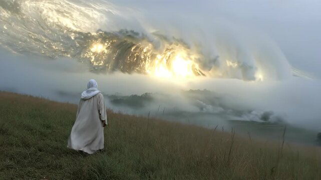 Woman in white robe stands on misty hill watching light break through clouds. Spiritual awakening in foggy landscape. Ethereal nature scene with divine ray piercing mist for enlightenment concept.