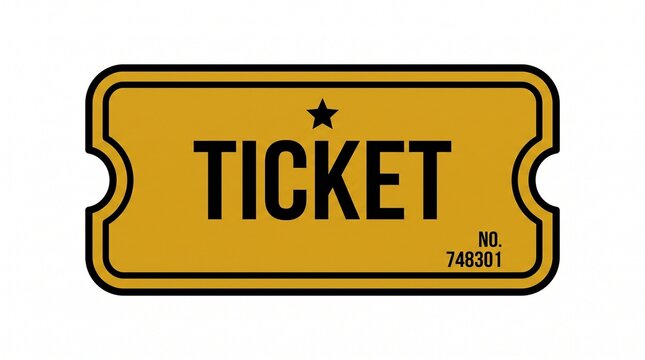 ​A classic yellow ticket icon with the word "TICKET", a star icon, and a serial number on a white background.