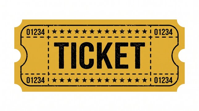 ​A vintage yellow ticket with bold black "TICKET" text, star accents, dashed lines, and serial numbers isolated on a white background.