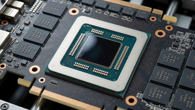 Close-up computer motherboard cpu chip center rectangular shape has green gold color scheme surrounded various