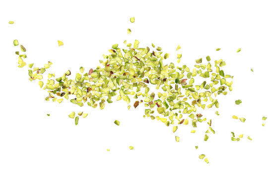 Pistachios chopped flying, isolated on white background and texture, clipping path