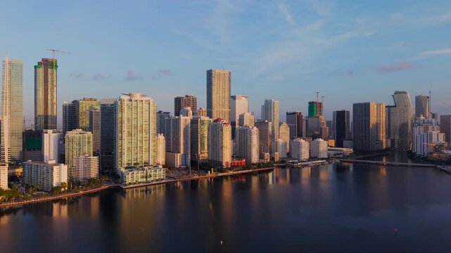Aerial sunrise view of Miami skyline  across Biscayne Bay