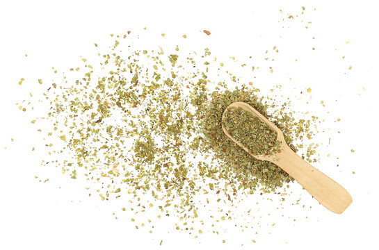 Chopped dry thyme in wooden spoon, isolated on white background and texture, clipping path