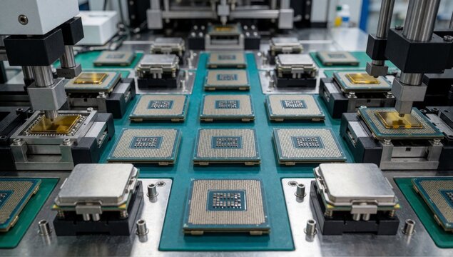 Close-up large number electronic components green circuit board arranged grid-like pattern different sizes sha
