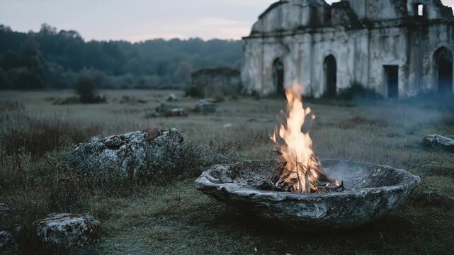 Fire igniting in stone basin near ancient ruins. Outdoor campfire sequence in pastoral landscape showing flames rising from initial spark to full blaze