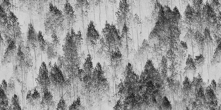 Black and white forest pattern with a distressed, scratched texture, featuring silhouettes of evergreen trees in a repeating woodland landscape