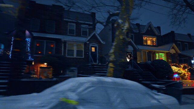 Driving in a car along the residential area with lovely private houses. Watching the beautiful decoration of the street with light garlands for Christmas season.