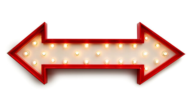 A vintage red double sided arrow sign with glowing incandescent light bulbs inside, creating a retro marquee look, isolated on a clean white background