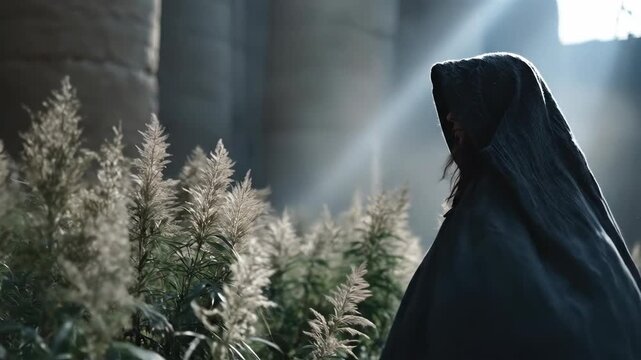 Woman in hooded cloak approaches ancient columns through tall grass with dramatic sun rays. Mystical journey in historical landscape evoking mystery and exploration.