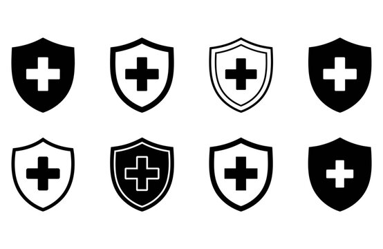 Collection of black and white shield icons with medical crosses