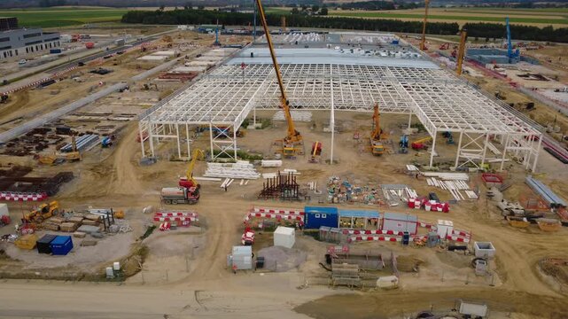 Data center construction site with steel hall framework