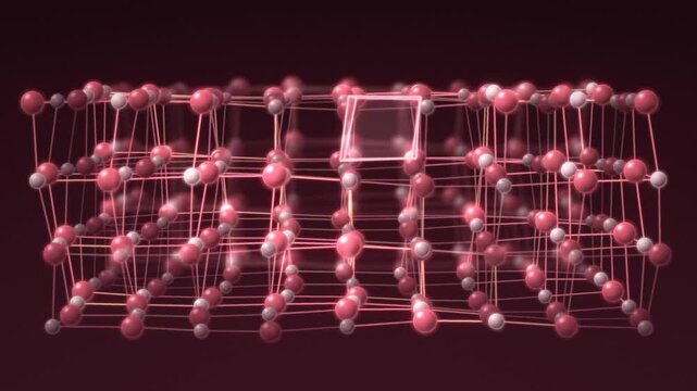 Rotating 3D atomic crystal lattice with vibrating atoms and molecular bonds, science visualization seamless loop in soft ruby tones