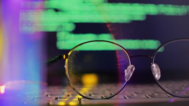 Eyeglasses on Laptop Keyboard With Defocused Computer Code on Screen