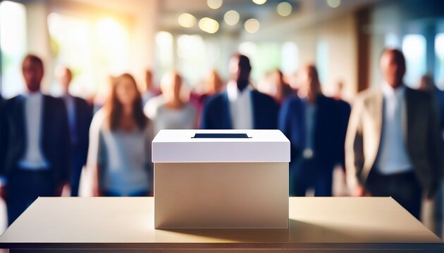 voting concept with ballot box and blurred voters in the background