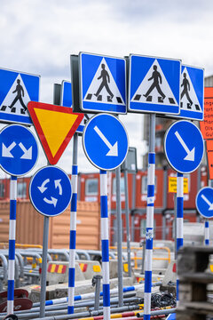 Collection of Swedish pedestrian crossing and traffic signs.