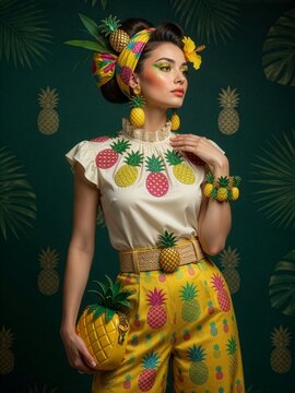 A stylish fashion portrait of a woman in pineapple style, elegant high-fashion look with pineapple motifs integrated into clothing, accessories, and makeup, vibrant tropical colors, sophisticated pose