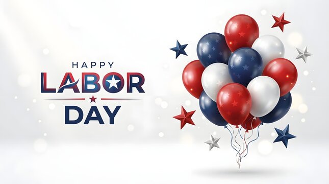 Happy Labor Day greeting card with red, white, and blue balloons and stars on white background
