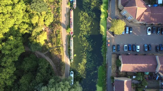 Hackney Marshes Canal Boats Aerial Drone 4K