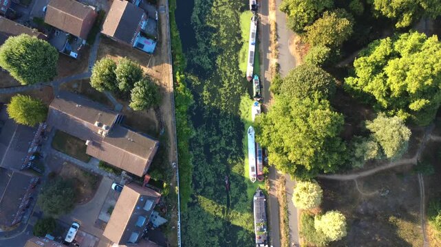 Hackney Marshes Canal Boats Aerial Drone 4K