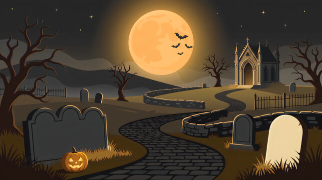 Spooky halloween graveyard scene with a big full moon and a jack o lantern at night in a dark pixel art style