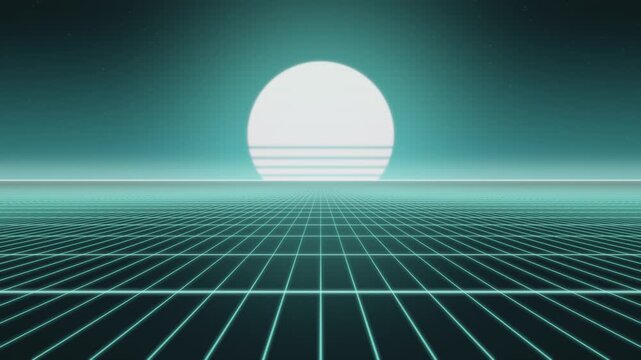 Retro 80s Synthwave Neon Grid and Sunset Horizon Seamless Loop in deep teal tones
