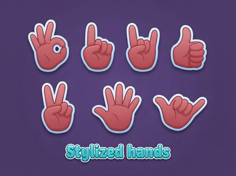 Set of various hand gestures and finger signs in a colorful cartoon sticker style on purple background