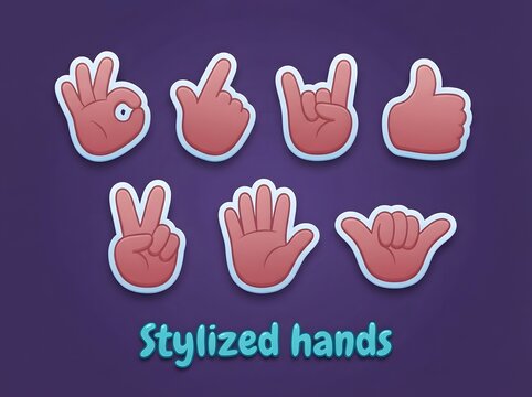 Set of stylized hand gestures and signs isolated on a dark purple background for creative design projects