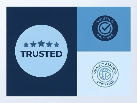 Set of professional business trust badges and quality assurance stamps on a blue background