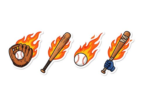 Set of flaming baseball equipment including bats balls and a glove on a white background