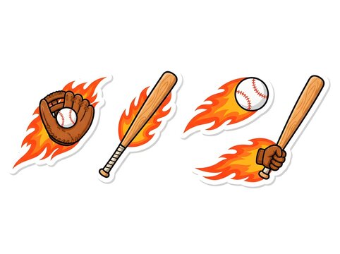 Set of baseball equipment including bats balls and a glove engulfed in bright orange flames isolated on white